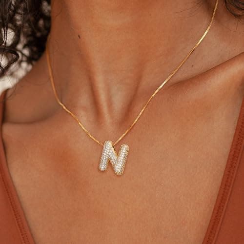 UHIBROS Gold Balloon Initial Necklace, Personalized 18K Gold Plated Alphabet Pendant