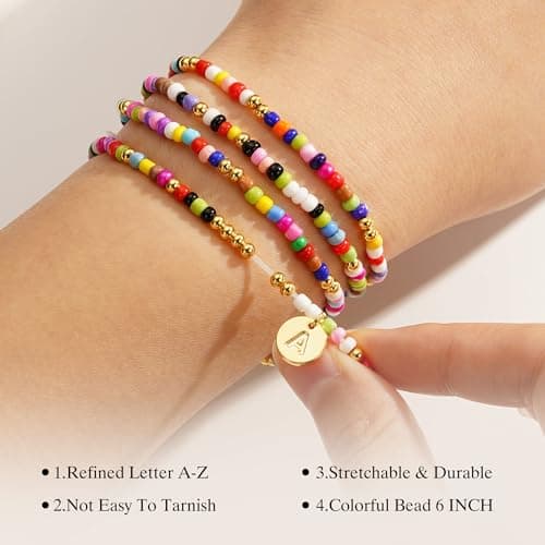 Turandoss Colorful Beaded Initial Bracelets for Girls & Women - Bohemian Stackable Jewelry