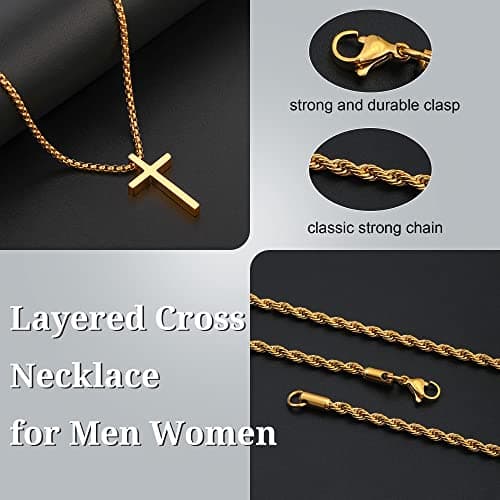 EnglishIVER Men's Gold Silver Black Stainless Steel Cross Necklace with Layered Rope Chain 16-24 Inch