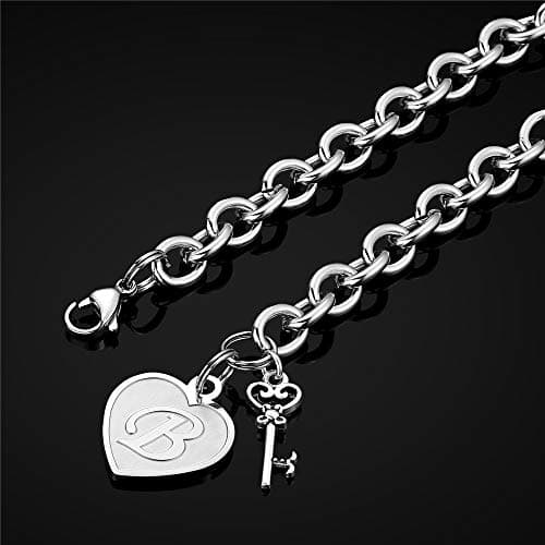 Stainless Steel Engraved Heart Initial Bracelet - Birthday Christmas Gift for Women & Teen Girls