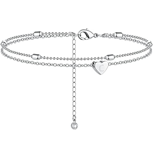 Moodear Silver Anklets for Women - Waterproof Layered Heart Charm Anklet