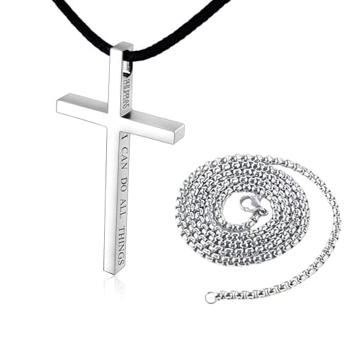 Men's Large Hactnion Leather Cross Necklace, 24-28" Black Rope, 316 Stainless Steel Cross, Bible Verse