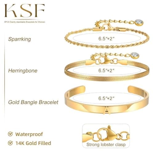 KSF Gold Plated Initial Snake Charm Stackable Bracelet Set for Women