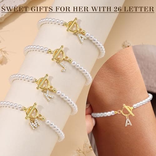 Btysun Initial Bracelets for Women, Pearl Gift for Mom, Best Friend Birthday Jewelry