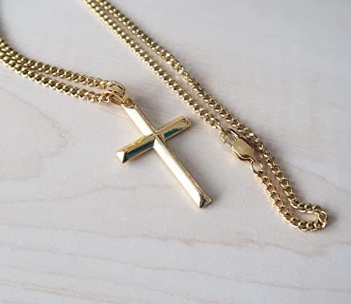 14K Gold Miami Cuban Link Cross Pendant Necklace for Men & Women