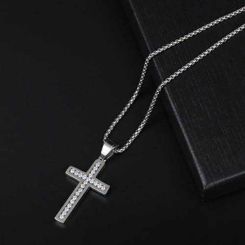 VI-FA Men's Cross Necklace with Pave CZ Pendant & 22-Inch Box Chain