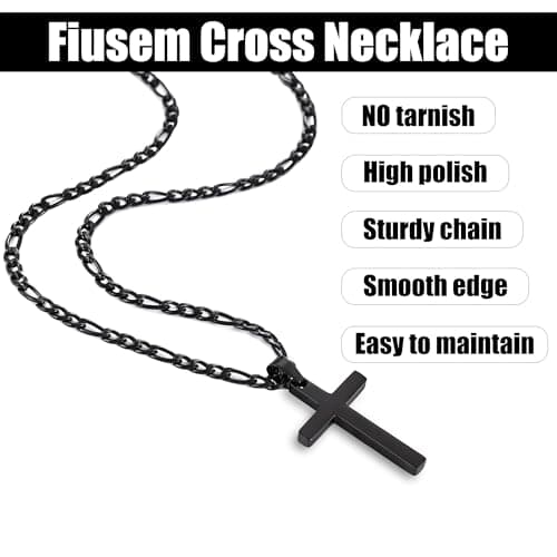 Fiusem Men's Stainless Steel Black Cross Necklace, 3.5mm Figaro Chain 16-24 Inches
