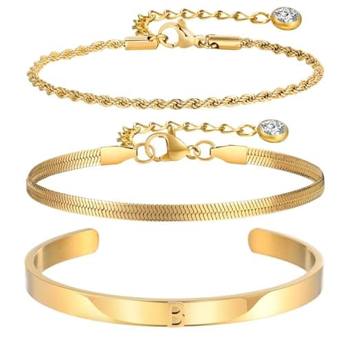 KSF Gold Plated Initial Snake Charm Stackable Bracelet Set for Women