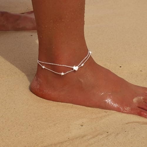Moodear Silver Anklets for Women - Waterproof Layered Heart Charm Anklet