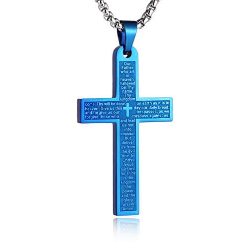 HZMAN Stainless Steel Cross Necklace with Lord's Prayer Pendant, 4 Colors