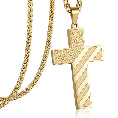 DuoDiner Graduation Gifts: 24-Inch Cross Necklace for Men, Boys, Kids Bible Verse American Flag Pendant