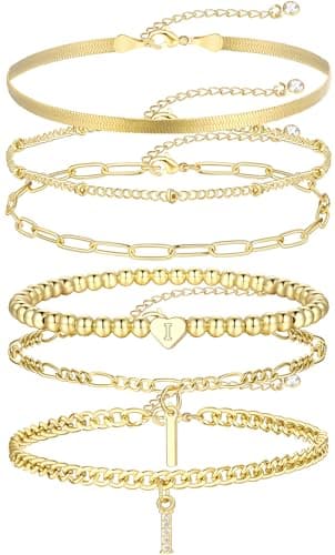 14K Gold Plated Initial Bracelet Set, Dainty & Stackable for Women