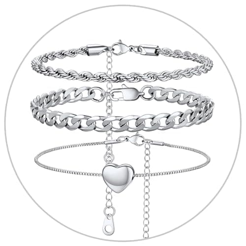 Stainless Steel Cuban Link Anklet Sets for Women, Adjustable 8.5"-10.5"