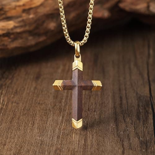 Ropartman Hand-Inlaid Ebony Gold Stainless Steel Cross Necklace for Men