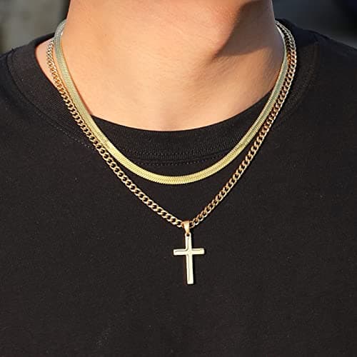 Stainless Steel Layered Cuban Link Cross Necklace, Men Boys Christian Jewelry Gifts