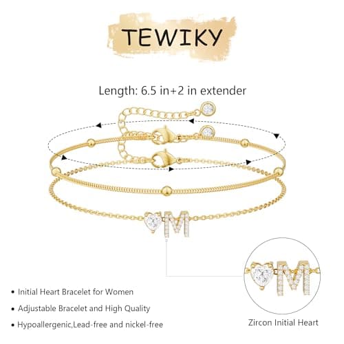 Tewiky Initial Heart Gold Bracelets for Women 14K Gold Plated Zircon Charm Charms Jewelry Gift