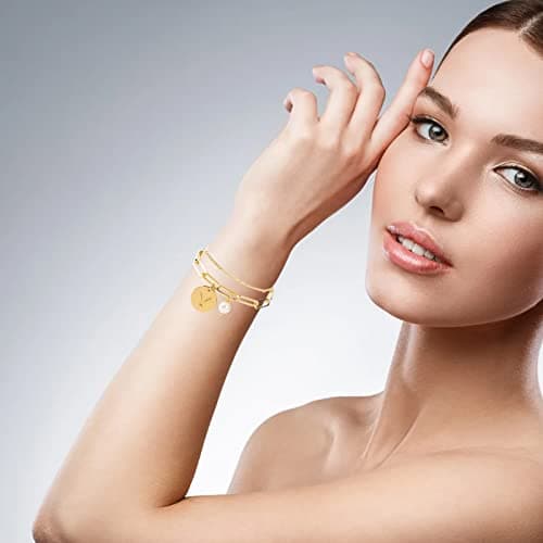 Personalized Initial Bracelets for Women - 14K Gold Plated Layered Bracelet with Natural Pearl Beads