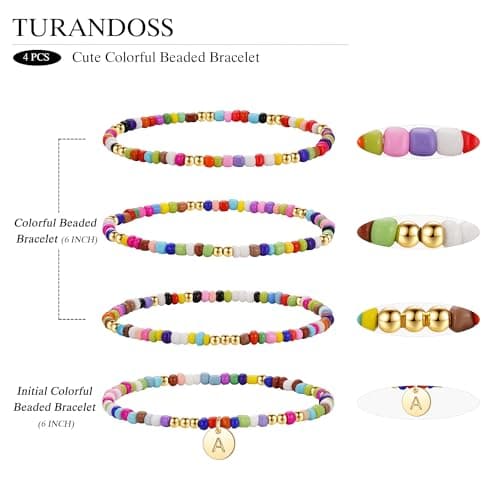 Turandoss Colorful Beaded Initial Bracelets for Girls & Women - Bohemian Stackable Jewelry