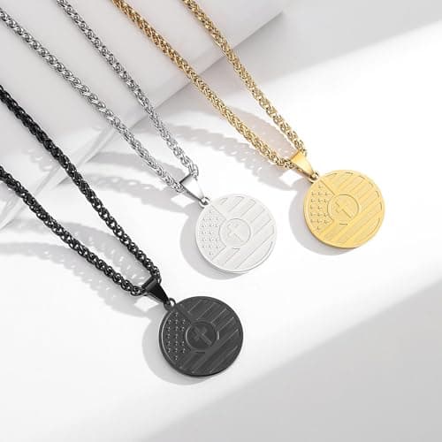 American Flag Cross Necklace for Men, Stainless Steel & Bible Verse, 24 Inches Wheat Chain