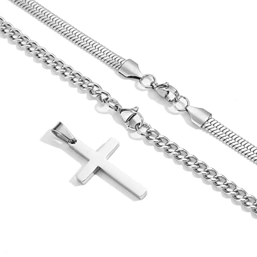 Stainless Steel Layered Cuban Link Cross Necklace, Men Boys Christian Jewelry Gifts