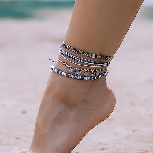 Fancy Shiny Waterproof Boho Anklet Set with Clay Beads & Stainless Steel Coins for Women