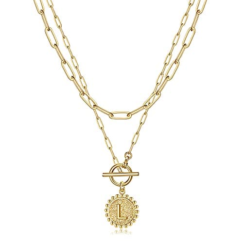 Turandoss Gold Plated Layered Necklace for Women Coin Initial Pendant