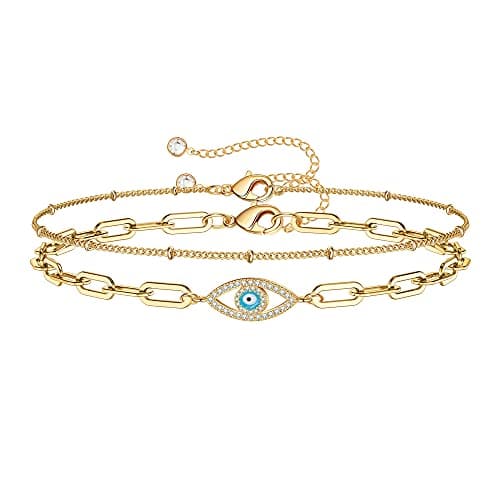 Turandoss Women's 14K Gold Plated Evil Eye Layered Bracelet