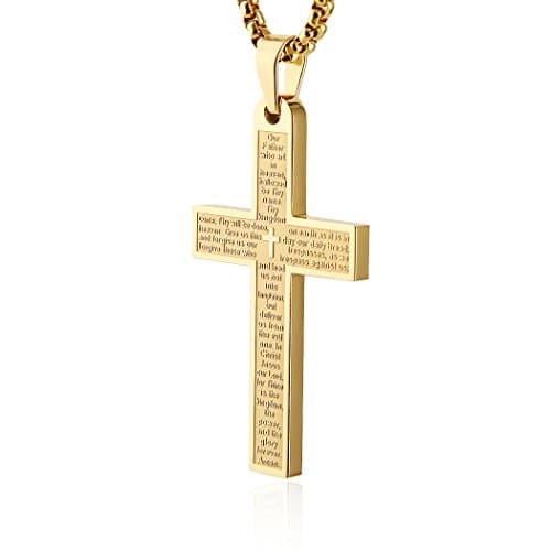 HZMAN Stainless Steel Cross Necklace with Lord's Prayer Pendant, 4 Colors