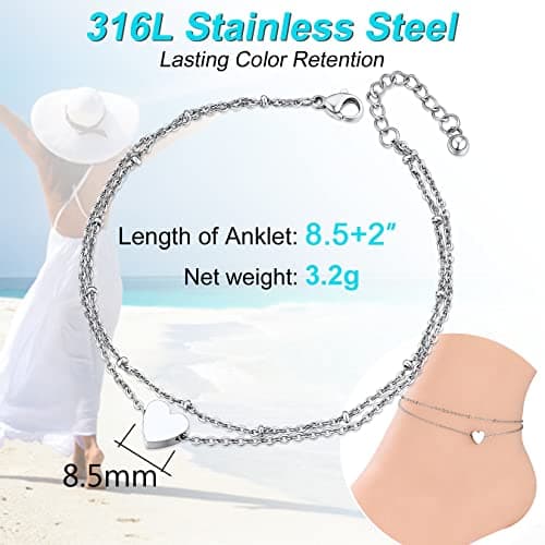 ChainsPro Women's S925 Sterling Silver Adjustable Heart/Moon/Handcuff Anklet, Summer Jewelry Gift Box
