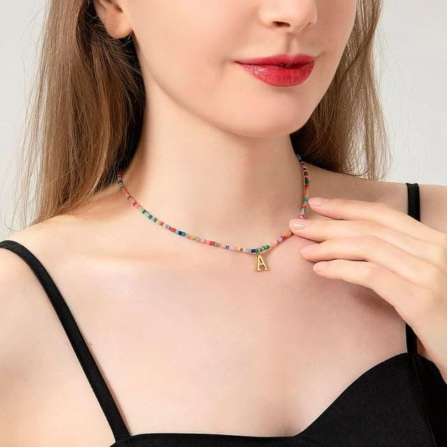 VLIEGEN 18K Gold Plated Colorful Beaded Initial Choker Necklace Boho Gift for Women