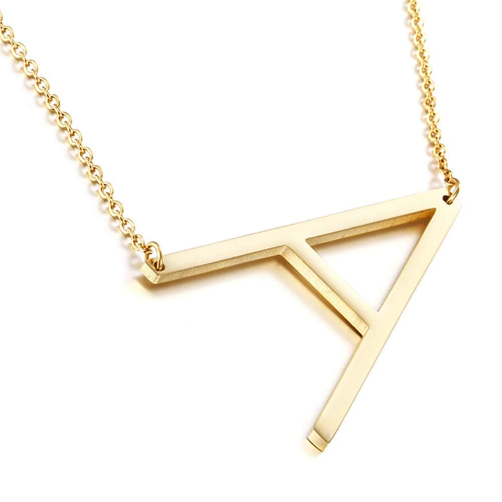 MOMOL Sideways Initial Necklace - Large 18K Gold Plated Stainless Steel Pendant for Women