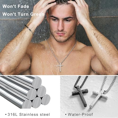 IPSANA Silver & Black Cross Necklace for Men, 16-30 inches Stainless Steel Pendant Jewelry