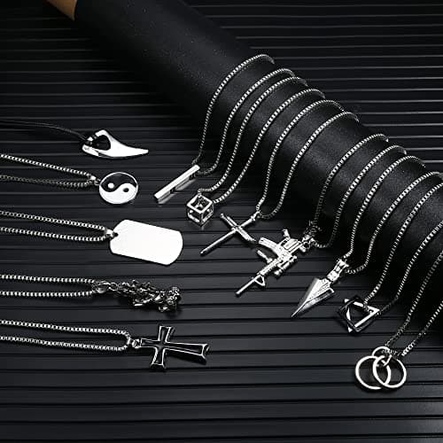 FIASASO Black & Silver Tone Men's Gothic Cross Pendant Necklace Set