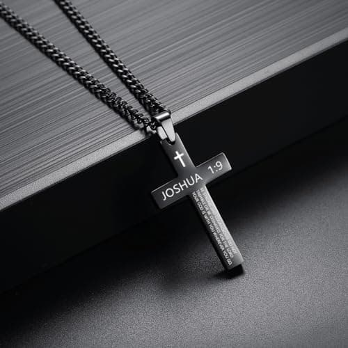 Stainless Steel Cross Necklace for Men, Black Silver Pendant, Inspirational Bible Verse Gift