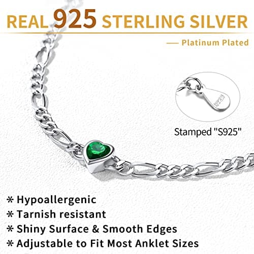 Chic Silver 925 Sterling Heart Birthstone Figaro Anklet for Women (with Gift Box)
