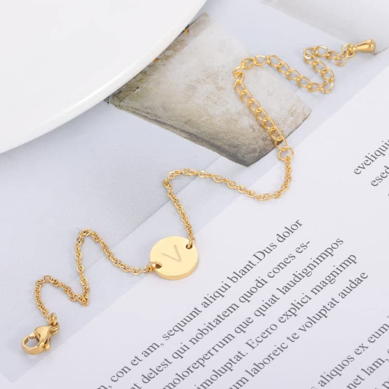 Trimic 18K Gold Plated Stainless Steel Dainty Coin Disc Initial Bracelet Personalized Name Bracelet