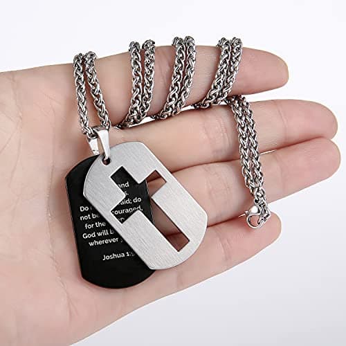 P. Blake Men's Stainless Steel Dog Tag Cross Necklace with Wheat Chain Valentine's Day Jewelry