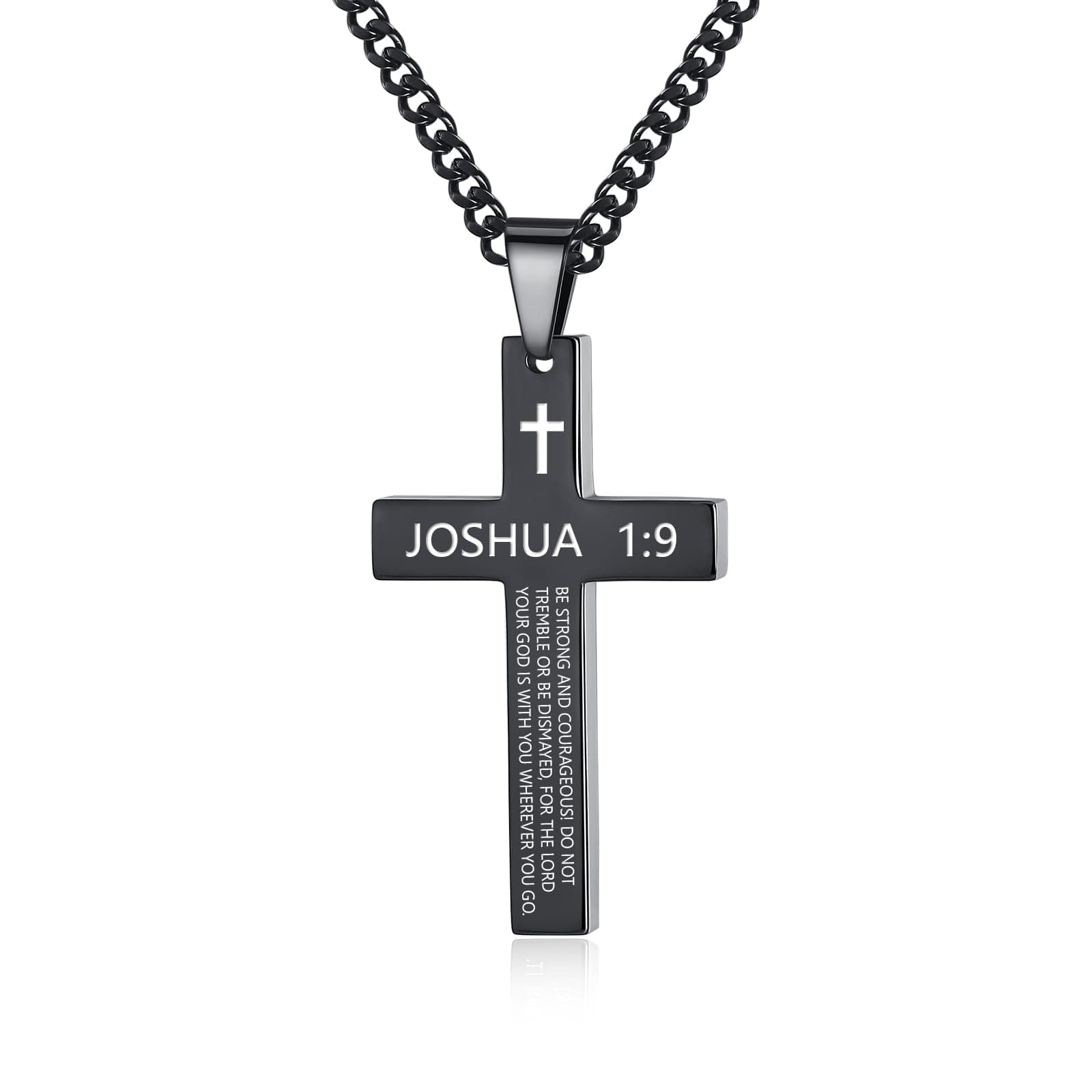 Stainless Steel Cross Necklace for Men, Black Silver Pendant, Inspirational Bible Verse Gift