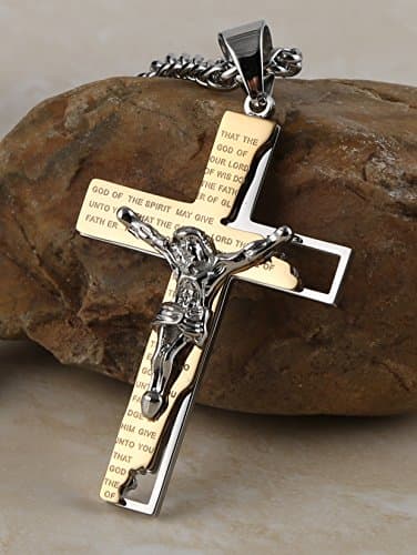 HZMAN Men's Stainless Steel Cross Crucifix Prayer Pendant Necklace 22+2" Chain