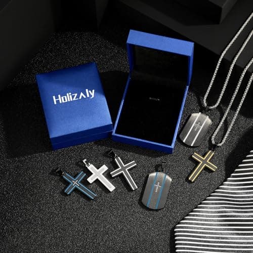 Holizaly Men's 316L Stainless Steel Cross Pendant White/Gold/Black/Blue Rolo Chain-Gift Box Included