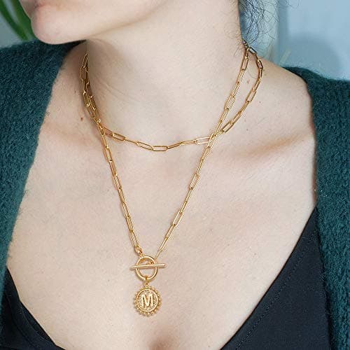 Turandoss Gold Plated Layered Necklace for Women Coin Initial Pendant