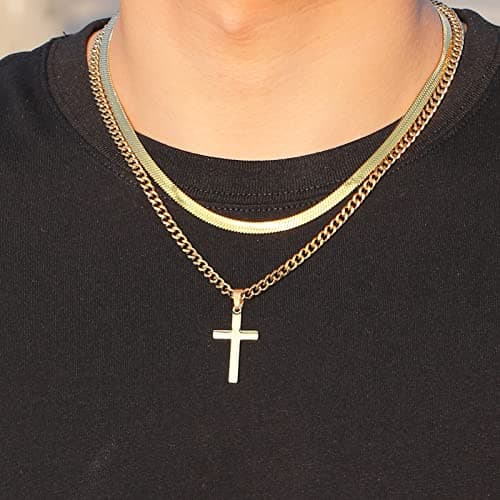 Stainless Steel Layered Cuban Link Cross Necklace, Men Boys Christian Jewelry Gifts