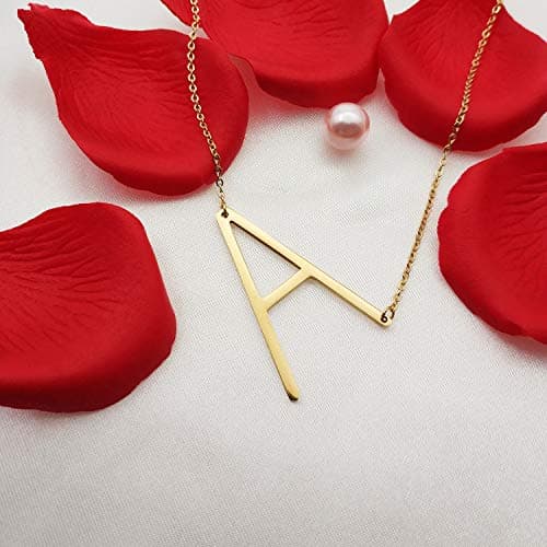 MOMOL Sideways Initial Necklace - Large 18K Gold Plated Stainless Steel Pendant for Women