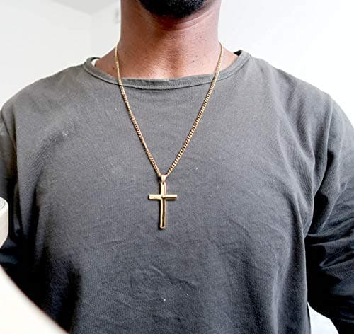 Miami Cuban Link Diamond Cut 18K Gold Chain Cross Pendant Necklace