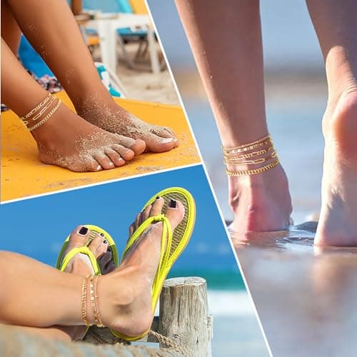 Gokeey 14k Gold Anklet Set for Women - Waterproof Cuban Figaro Chain Jewelry - Adjustable Size - Ideal Gift