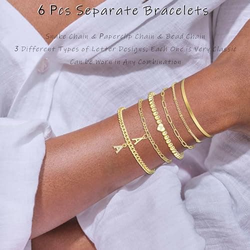 14K Gold Plated Initial Bracelet Set, Dainty & Stackable for Women