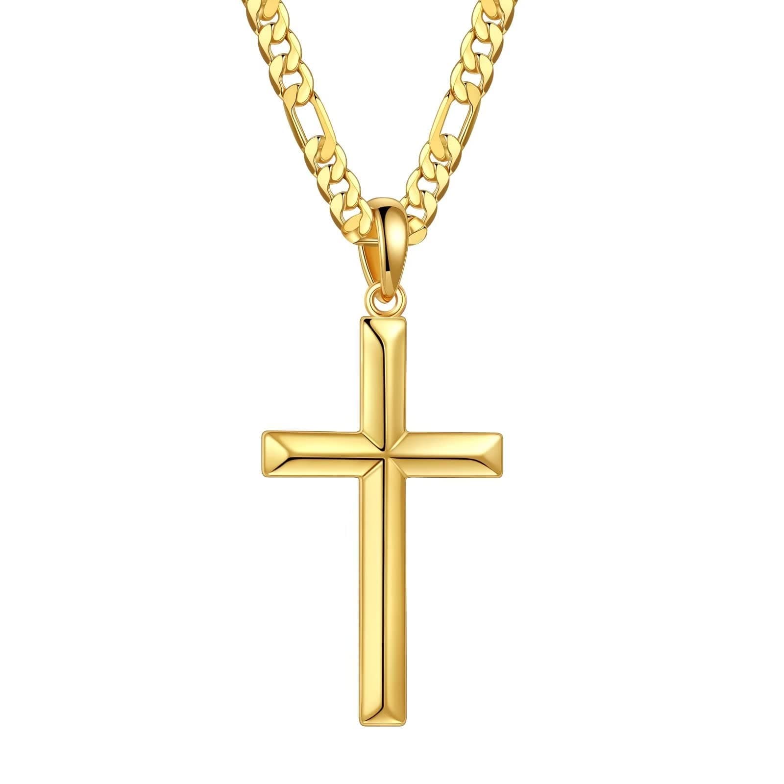Ursteel S925 Sterling Silver Cross Pendant Necklace for Men, 18K Gold Plated Black Figaro Chain, Available in 16-24 Inches