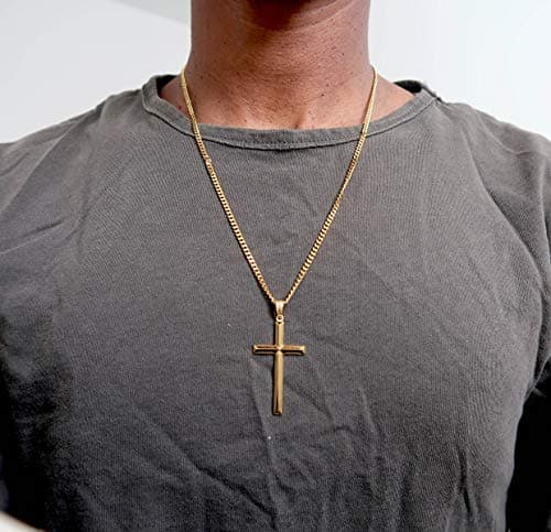 24K Gold Cuban Link Cross Pendant Necklace for Men Diamond Cut Religious