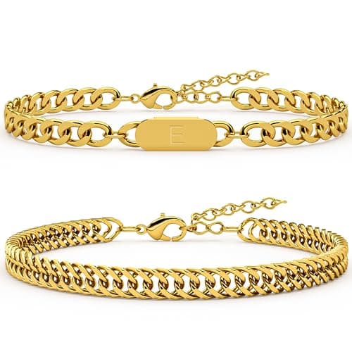 AOSPkle 2PCS Initial Letter Cuban Bracelet Set Gold Stainless Steel for Men Women
