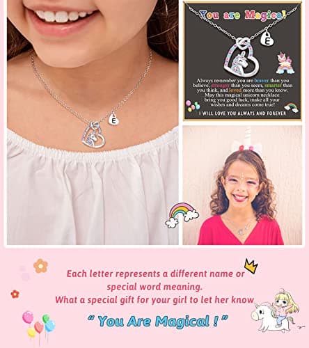 UNGENT THEM Silver Unicorn Initial Necklaces for Girls' Birthday Gifts